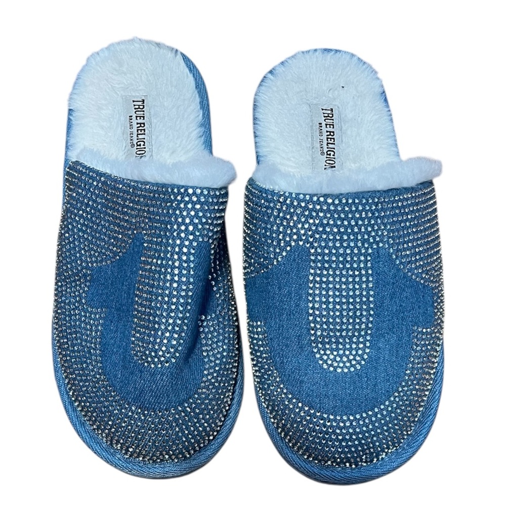 True Religion Blue Sparkly Slippers with Rhinestone Embellishments